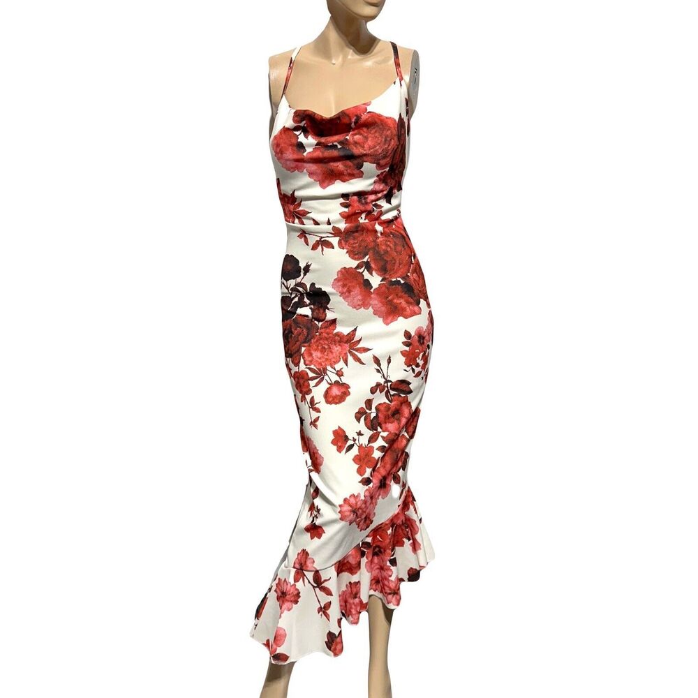 Nasty Gal Asymmetrical Frill Hem Midi Maxi Dress Size US 4 Sheath Floral NWT